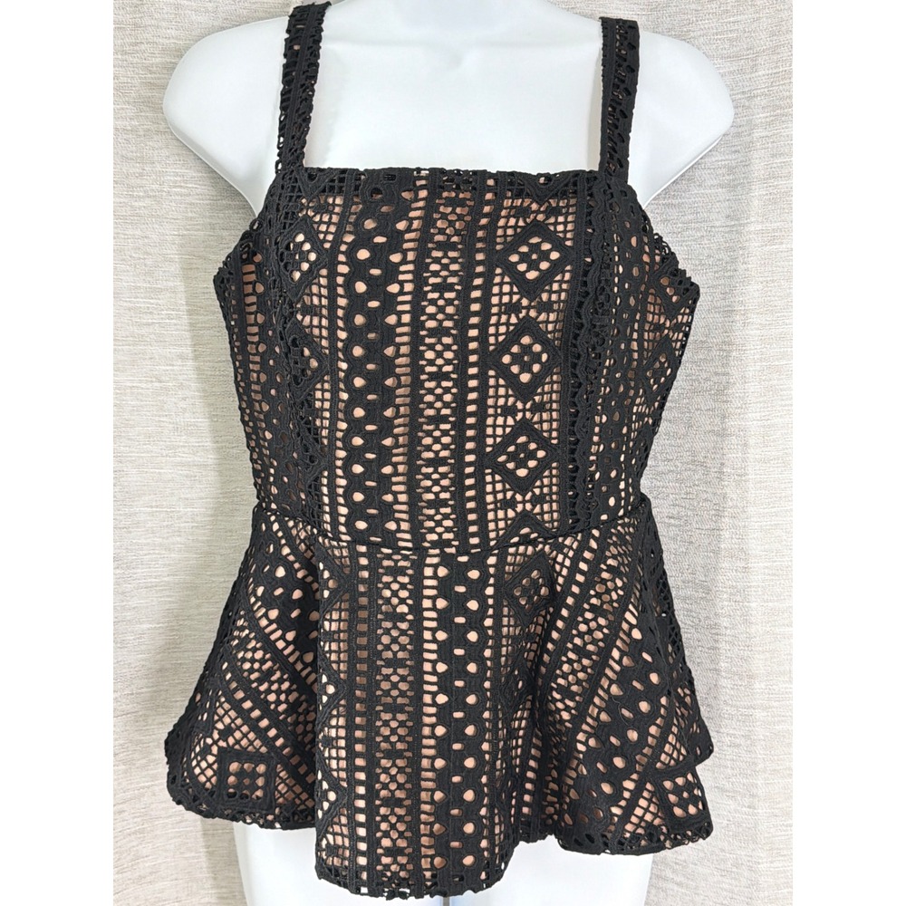 Endless Rose Black Crochet Lace Peplum Top Nude Lining Square Neck Sleeveless S